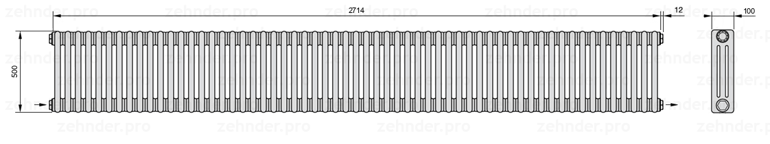 Схема (чертеж) Радиатор Zehnder Charleston 3050/59 №2670 Белый глянцевый RAL 9016